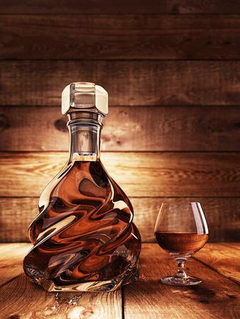 Cognac on a wooden table. background wooden boards. Country style. 3D render.の写真素材