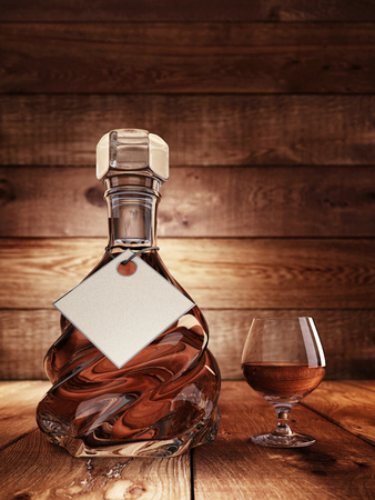 Cognac on a wooden table. background wooden boards. Label mockup poster. Country style. 3D render.の写真素材