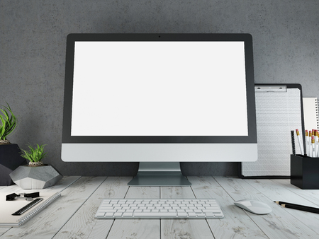 The monitor on a desk mockup poster. The working surface of the computer. Wooden worktop, gray wall. 3D render.の写真素材