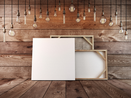 Canvas for paintings mockup poster stands at the wall. Hanging light bulb over the table and painting mockup poster. The decor book. 3D render.の写真素材