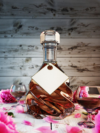 The decanter of brandy on the background of white boards. Around carafe flower petals. 3D render.の写真素材