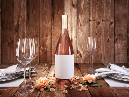 Dinner for two with a bottle of rose wine. Served table for two. 3D render.の写真素材