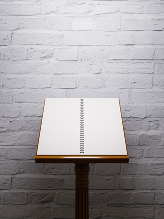 Wooden music stand. Mockup poster on brick wall background. 3D render.の写真素材