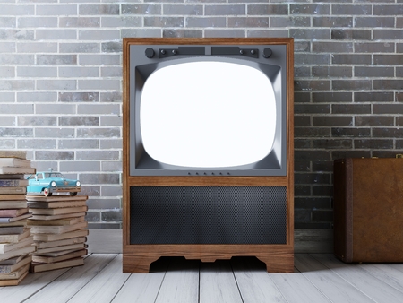 Hipster-screen TV with mockup. Vintage TV on a brick wall background. Around the TV of old books and...