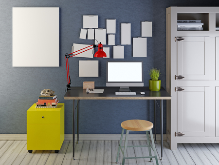 Mockup monitor and mockup blank on the wall in the interior of the loft. Shelving books. 3D render.の写真素材