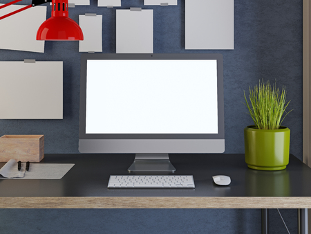 Mockup monitor and blanks on a blue wall background. 3D render.の写真素材