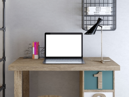 Mockup poster laptop on a wooden table in a hipster style. 3D render.の写真素材