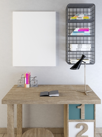 Mockup blank on a gray wall above the desk. 3D render.の写真素材