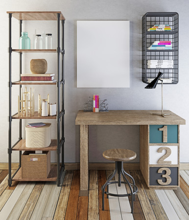 Mockup poster above the desk in hipster style. Racks, shelves with books and decoration 3D render.の写真素材