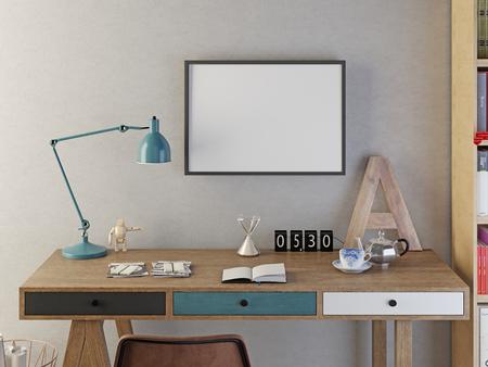 Mockup poster blank in the room warm colors, hipster style. 3D render.の写真素材