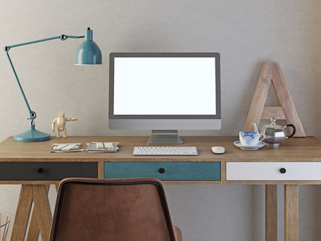Mockup poster display on the table hipster style. Green lamp and decor. 3D render.の写真素材