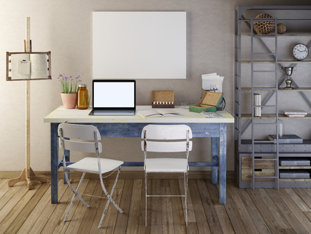 Mockup poster blank on the table with biological devices. 3D render.の写真素材