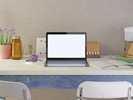 Mockup poster laptop on the table. Botanical equipment and decor. 3D render.の写真素材