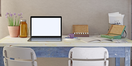 Mockup poster laptop on the table. Botanical equipment and decor. 3D render.の写真素材