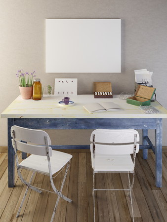 Mockup poster blank on the table with biological devices. 3D render.の写真素材