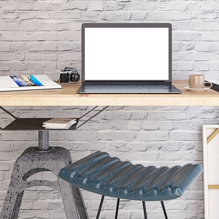 Mockup poster laptop on your desktop. 3D render.の写真素材