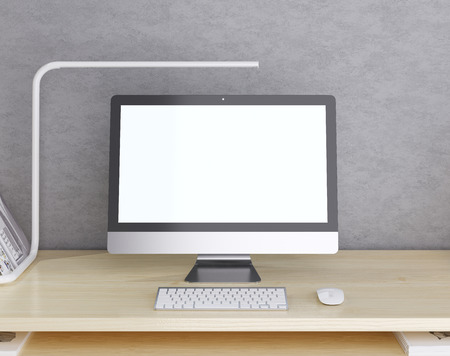mockup monitor on your desktop with bookshelves on a gray background. 3D render.の写真素材