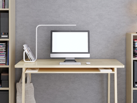 mockup monitor on your desktop with bookshelves on a gray background. 3D render.の写真素材