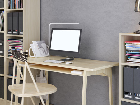 mockup monitor on your desktop with bookshelves on a gray background. 3D render.の写真素材