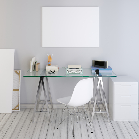 mockup poster blank on the light wall of a glass table in a hipster style. 3D render.の写真素材