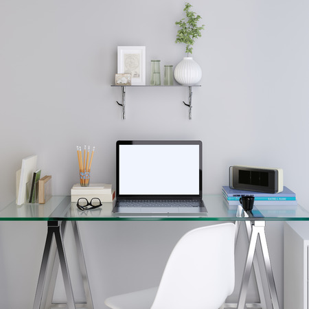 mockup laptop monitor on your glass table in a hipster style. 3D render.の写真素材