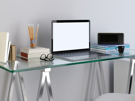 mockup laptop monitor on your glass table in a hipster style. 3D render.の写真素材