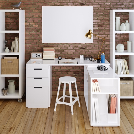 mockup blank poster on white desktop background on a red brick wall. 3D render.の写真素材