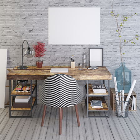 mockup blank poster on the wooden table against the background of a white brick wall. 3D render.の写真素材