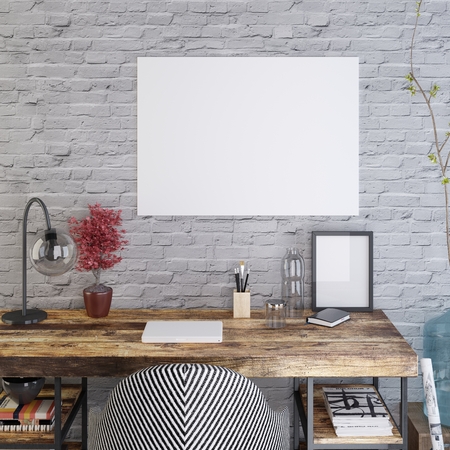 mockup blank poster on the wooden table against the background of a white brick wall. 3D render.の写真素材
