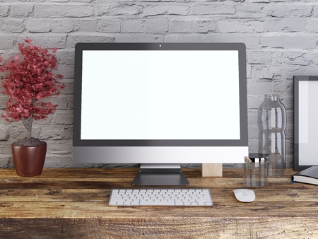 mockup monitor on a wooden desk shipster style. 3D render.の写真素材