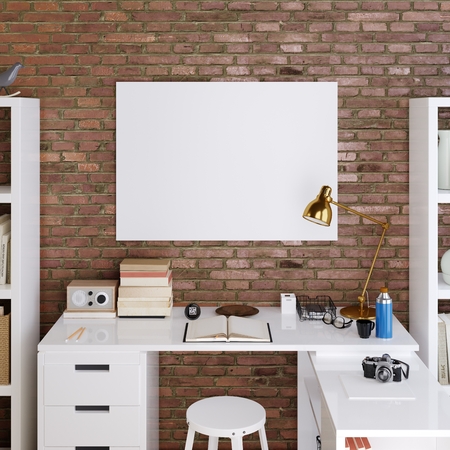 mockup blank poster on white desktop background on a red brick wall. 3D render.の写真素材