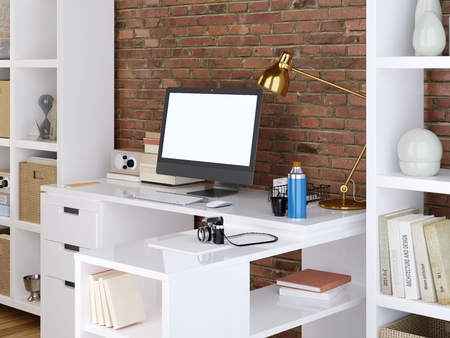 mockup monitor on white desktop background on a red brick wall. 3D render.の写真素材