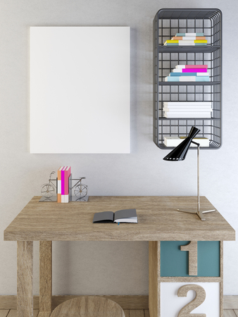 Mockup blank on a gray wall above the desk. 3D render.の写真素材