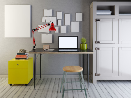 Mockup laptop with blank on the wall in the interior of the hipster. 3D render.の写真素材