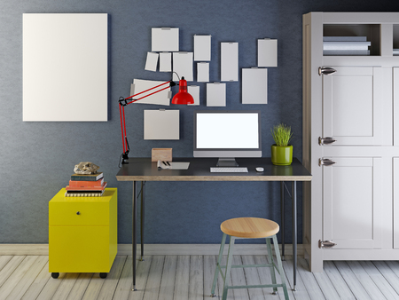 Mockup monitor and mockup blank on the wall in the interior of the loft. Shelving books. 3D render.の写真素材