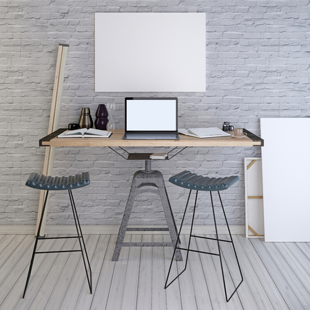 Mockup blank poster on a white brick wall with a laptop on the desktop. 3D render.の写真素材