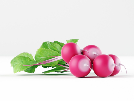 A bunch of fresh radishes with leaves isolated on white background. 3d render.の写真素材