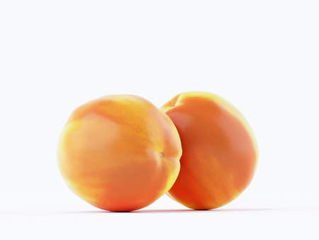 Isolated peach. Two fresh peach fruit on white background. 3D renderの写真素材