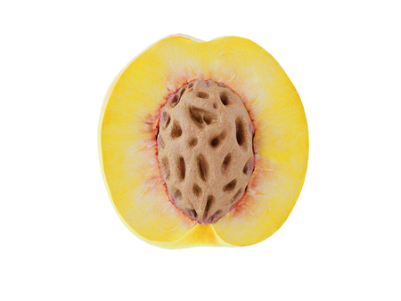 Isolated peach. Three fresh peach fruit and a slice with a stone on white background. 3D renderの写真素材