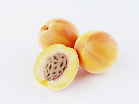 Isolated peach. Three fresh peach fruit and a slice with a stone on white background. 3D renderの写真素材