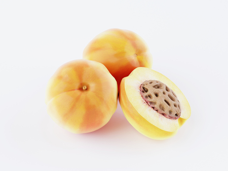 Isolated peach. Three fresh peach fruit and a slice with a stone on white background. 3D renderの写真素材