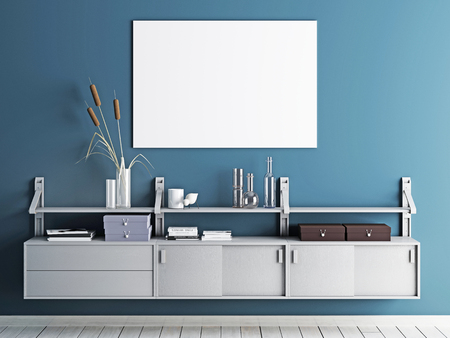 mock up poster in blue interior background, scandinavian style, 3D render, 3D illustrationの写真素材