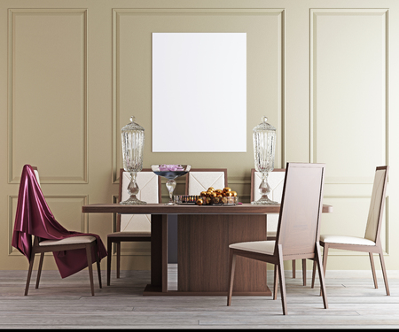 Mock up poster in dining room, modern background, 3d render, 3d illustrationの写真素材
