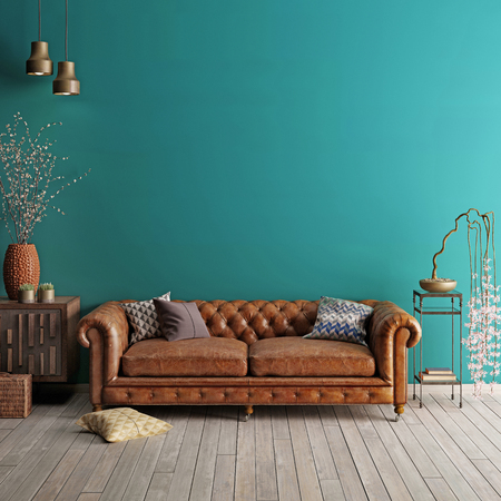 Interior in classic style with soft sofa and lamps with decor. Wall for mock up. 3d render.の写真素材