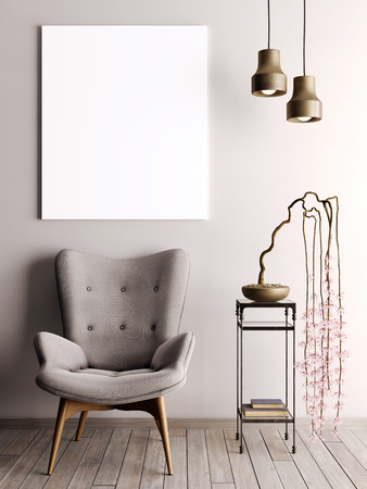 mock up poster in urban style interior with armchair and plant on beige wall background. 3D rendering.の写真素材