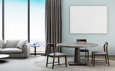 Beautiful living room interior with mockup poster and dining in new contemporary home. Large bank of windows hints at exterior view. 3d render.の写真素材