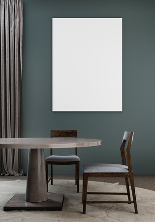 Cozy green and brown dining room with mock up poster on wall. 3d render.の写真素材