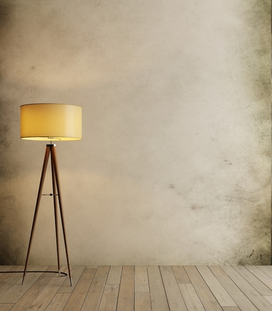 loft and vintage interior room, floor lamp on flooring and rust wall, 3d renderの写真素材