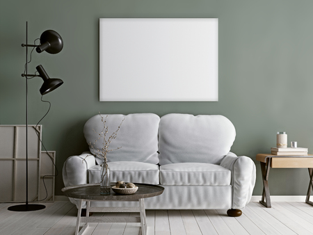 White mock up poster with beige and grey furniture and decorations in modern living room. 3d render.の写真素材