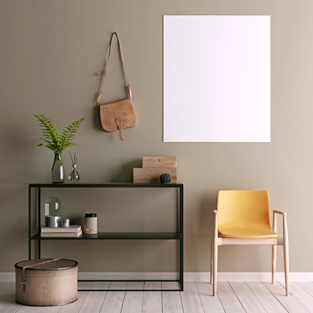 Mock up poster on table in room - 3D render, 3D illustrationの写真素材